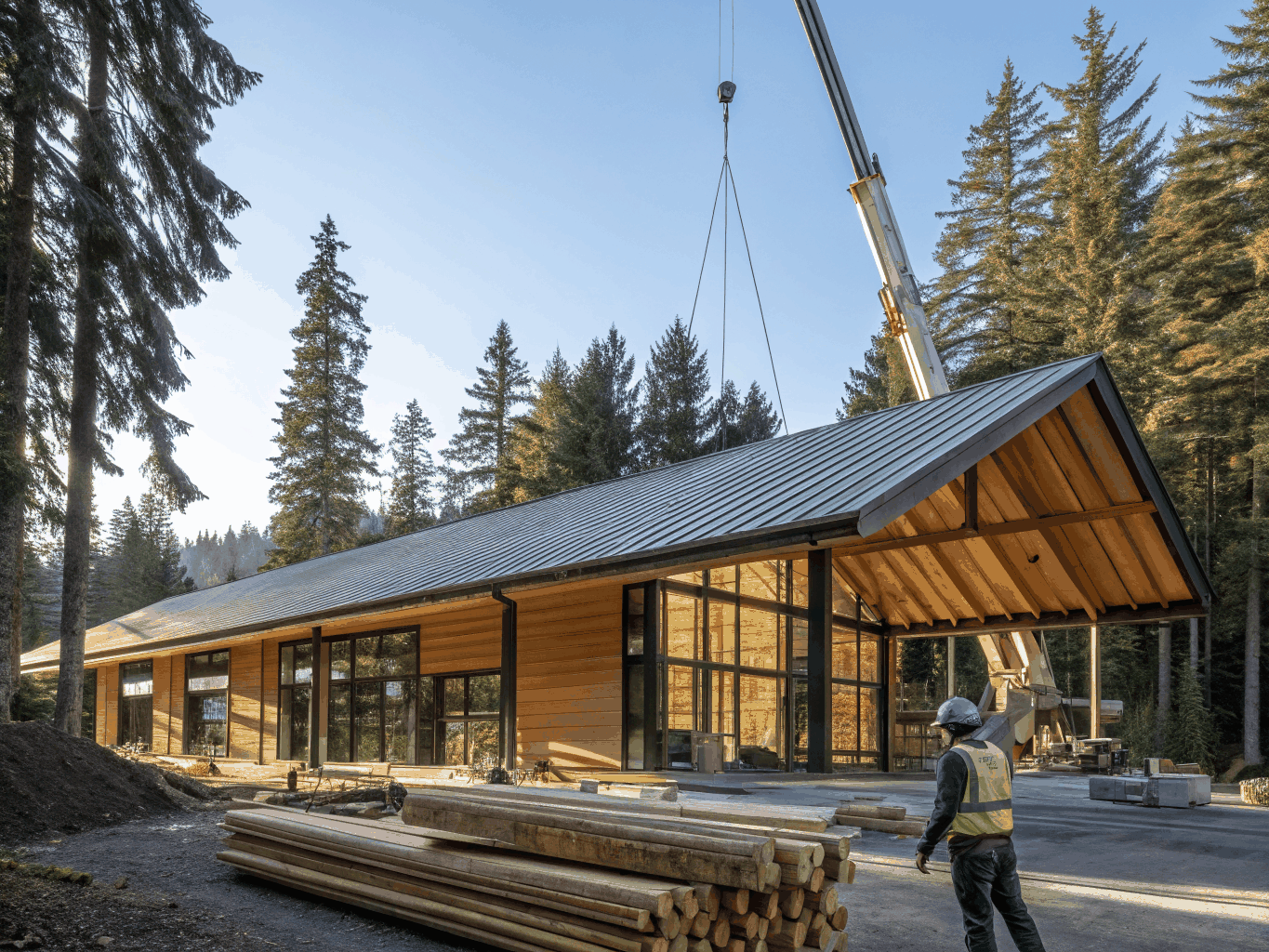 British Columbia trade contractors framing a timber construction project on an active job site