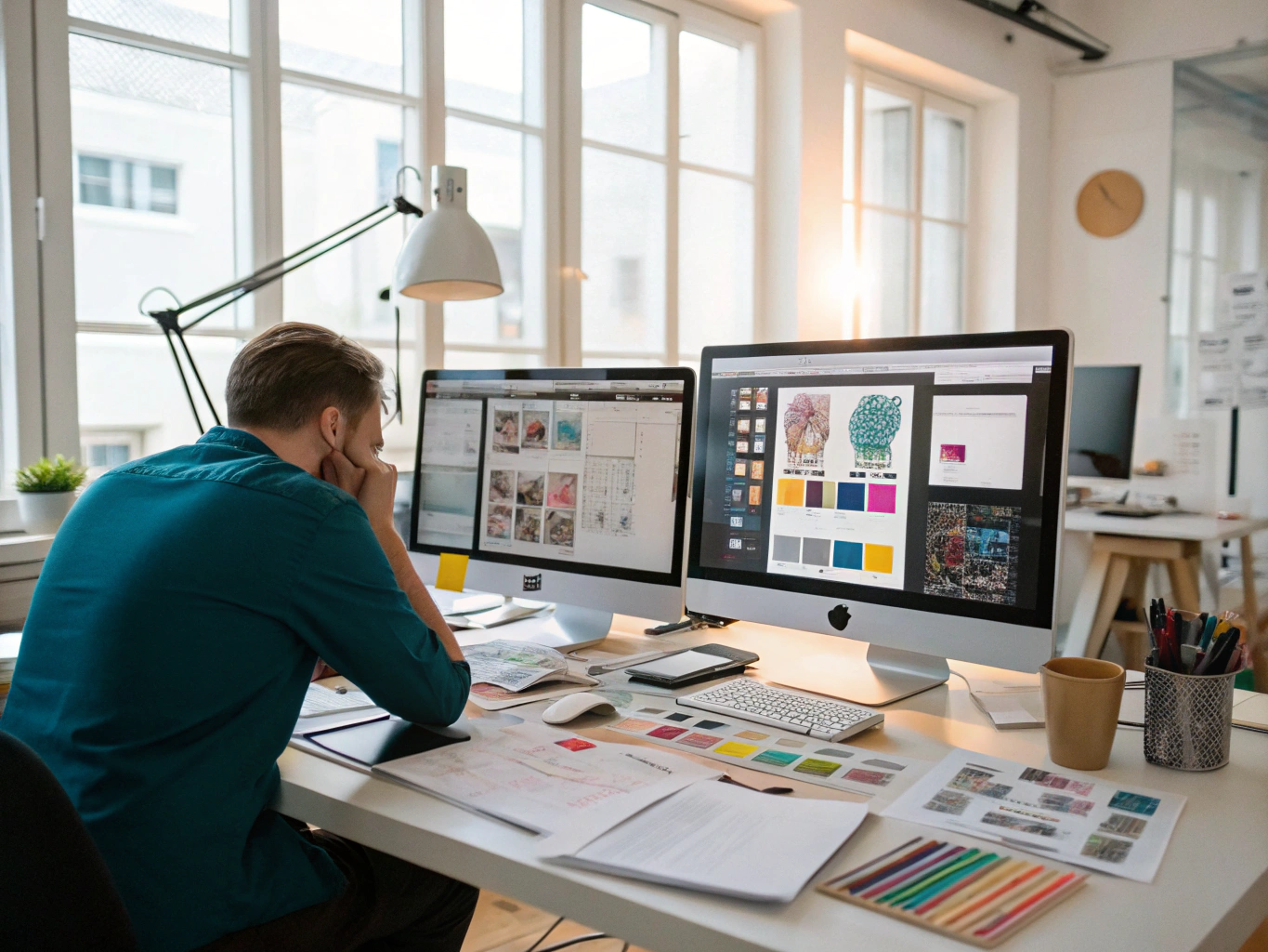 Web designer refining website layouts on a desktop monitor in a bright studio.