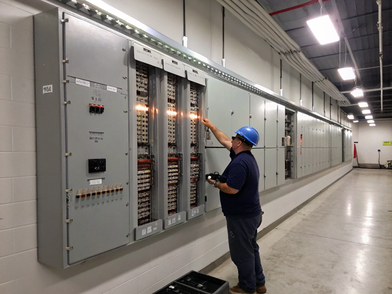 Certified electrician wiring a commercial service distribution panel on site