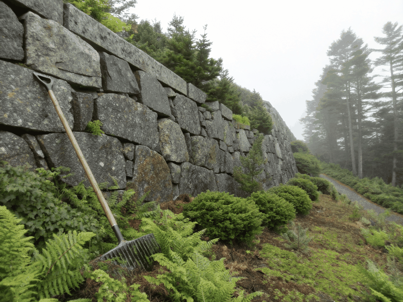 Pacific Northwest landscapers installing natural stone retaining walls and coastal garden features