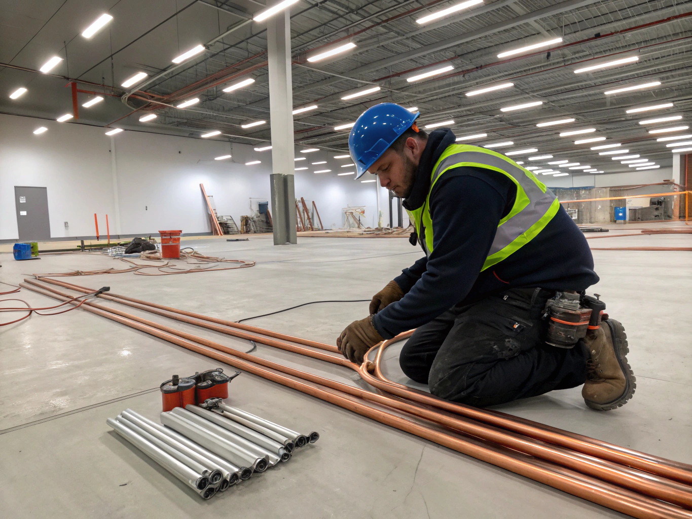 Licensed plumber fitting copper piping systems in a newly built coastal property