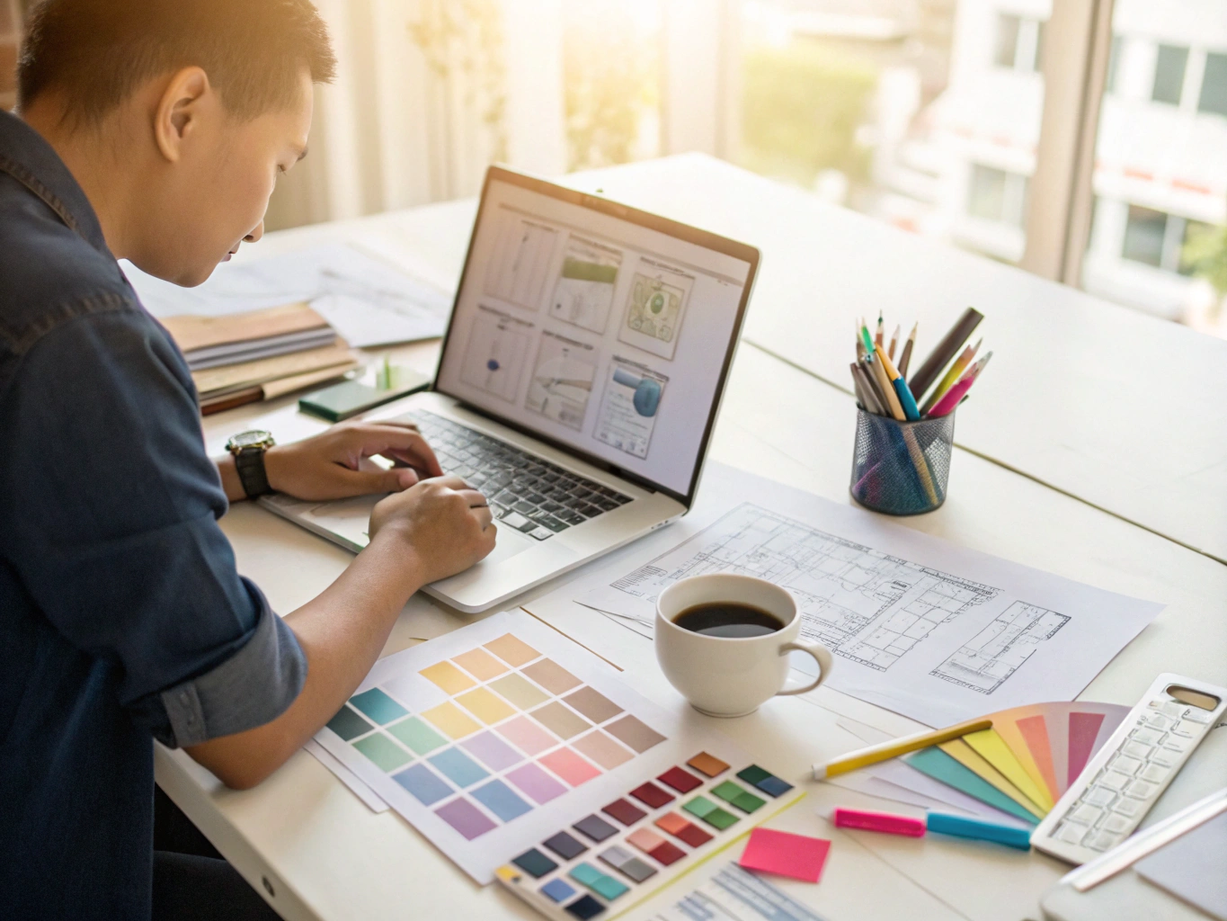 Web designer crafting a website layout at a wooden studio desk in Powell River, British Columbia